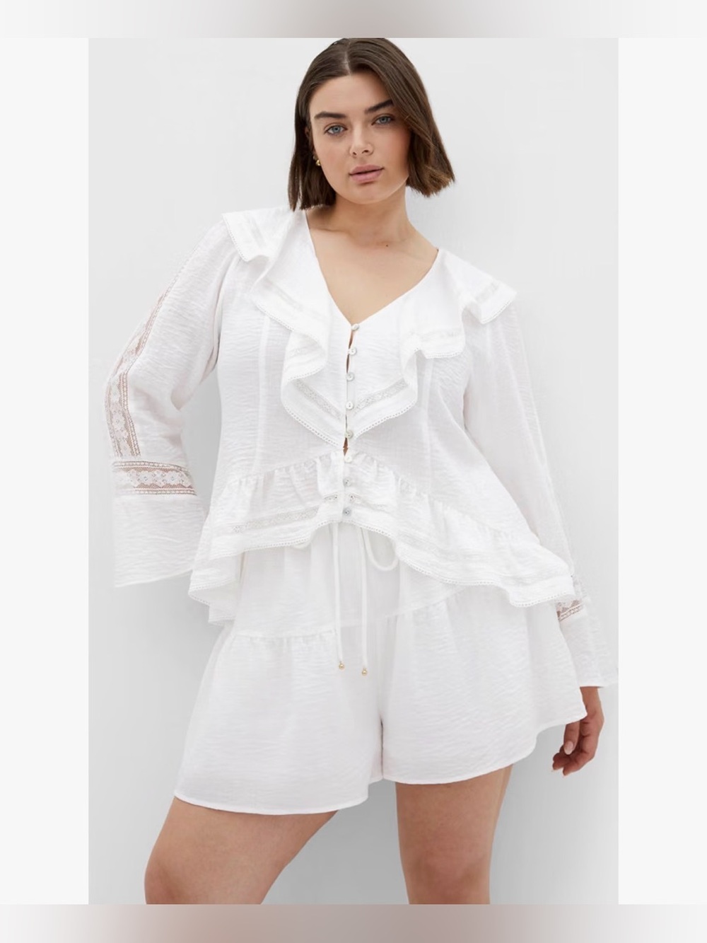 A414 City Chic Store White Ruffle Button-Front Sleep Top & Short Set NWT
